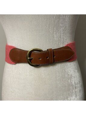Lands End Women Stretch Fabric & Brown Leather Belt Brass Buckle Hot Pink Sz 30